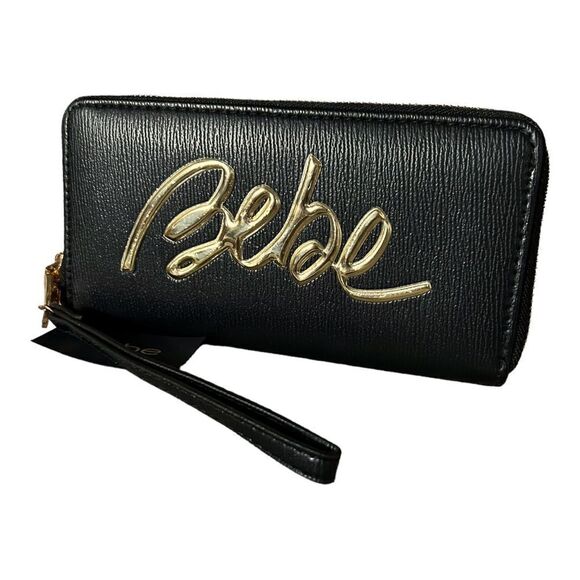 NEW Bebe Gianna Black Gold Wristlet Clutch Full Zip - Picture 1 of 5
